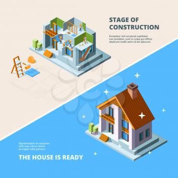 House construction. Repair roof renovation building vector isometric picture for banners. Renovation house, construction home, repair residential building illustration