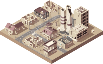 City ruins. Abandoned town with broken buildings manufacturing city decay vandalized objects vector isometric. Illustration building abandoned, town broken, architecture empty and dilapidated