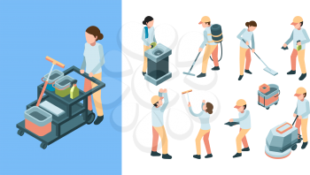 Cleaning industry isometric. Industrial cleaning service workers equipment remove carpet. Cleaning equipment, cleaner industry illustration