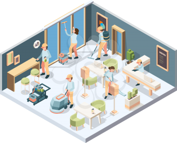 House cleaning. Professional cleaning service person in gloves sponge polishing window and floor in room vector isometric. Maid professional washing vacuuming, process team cleaning room illustration