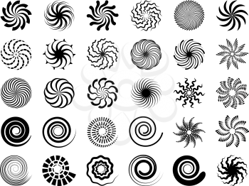 Radial swirles. Hypnotic black shapes round symbols vector collection set. Hypnotic effect and twist black round illustration