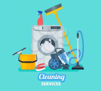 Cleaning service. Household items kitchen spray bucket vacuum cleaner cleaning supplies vector concept background. Sprayer cleanup, broom and mopping, washing housekeeping illustration