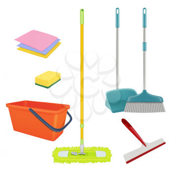 Cleaning service. Realistic equipment for laundry home floor brush bucket broom sterile bathroom cleaner vector set. Bucket and broom, washing tool illustration