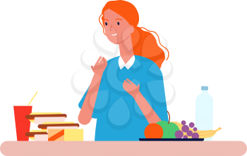 Food choice. Woman choosing between healthy and unhealthy nutrition. Diet vector concept. Nutrition for woman diet, food choice illustration