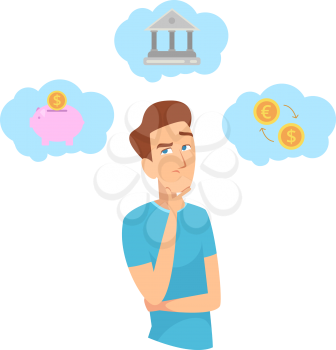 Saving money. Man thinking about investment. Finance planning, budget and business vector concept. Budget investment, business economy profit illustration