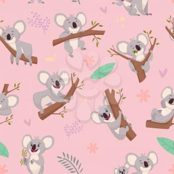Koala pattern. Australian wild cute animal koala bear pictures for textile design projects vector seamless cartoon background. Background jungle koala sitting on branch illustration