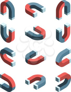 Magnet isometric. Iron items with magnetism connection symbols vector collection set. Illustration magnet and magnetize metal