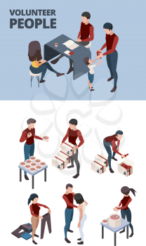 Caring community. Help donation team volunteers people teamwork homeless poverty person vector isometric set. Volunteer care and help, social service for homeless aid illustration