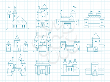 Drawn castles. Gothic medieval royal architectural objects with towers historic fairytale romantic doodle vector castles set. Castle medieval, tower ancient architecture, royal building illustration