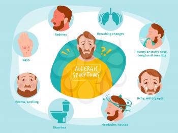 Allergic symptoms. Infected human sneezing infections sick asthma toilet vector infographic illustrations. Allergic symptom infected and sneezing bronchial asthmatic