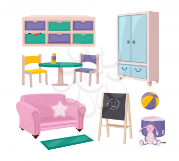 Kindergarten furniture. Playroom items toys chairs boards desks and beads for kids education preschool objects vector cartoon set. Illustration furniture equipment, detail sofa and chair