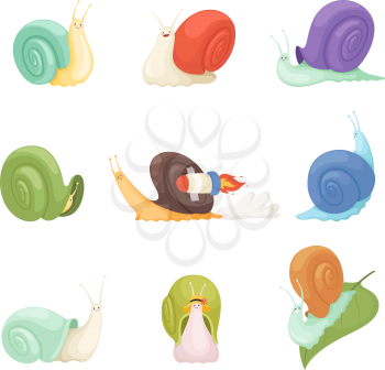 Snails cartoon. Characters funny insects animals vector symbols of slow. Illustration funny gastropod, slime animal insect, snail fast