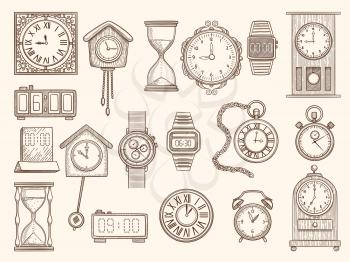 Watches set. Drawing clocks timers alarms vector pictures collection. Timer and watch, alarm clock drawing, doodle stopwatch sketch illustration