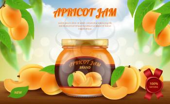 Jam ads. Traditional food in glass jar jamming marmalade products vector promotional placard template. Apricot jam dessert, marmalade fruit organic illustration