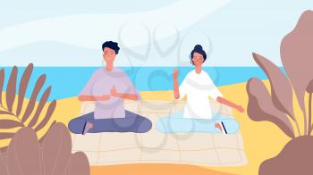 Meditation on beach. Man woman morning relax. Mind restart, summer vacation vector illustration. Position relax, female and male outdoor zen