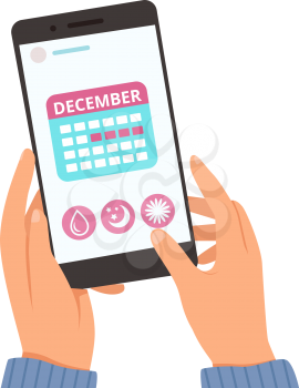 Menstrual calendar. Online female cycle app. Hands hold smartphone with month planner vector illustration. Calendar female, feminine menstruation online planning