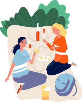 Girls spend time together. Women in love drinking wine and talking. Girlfriends on picnic, relaxing on nature vector illustration. Woman and girl together drink and feel happy