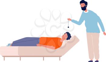 Hypnosis session. Psychotherapist and patient at couch. Mental disorder and mind problems treatment vector illustration. Hypnotism and psychologist, medical psychology hypnosis session