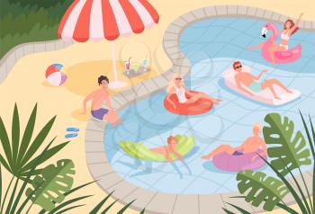 Swimming pool. Happy characters family couples relax on the beach or pool outdoor vacation kids playing on rubber mattress vector background. Summer pool water, resort leisure, swim relax illustration