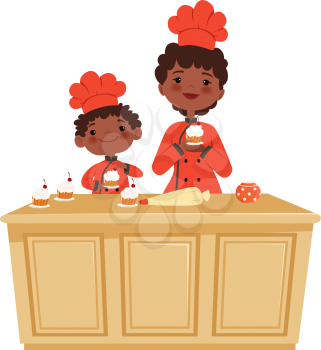 Mother and son cooking. Cakes time, bakery workshop. Isolated afroamerican kid and woman making muffins vector illustration. Mother and son, family together cook