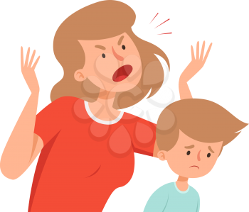 Domestic violence. Angry mother, sad boy. Bullying and abusing behavior. Woman scream on son vector illustration. Son and mother conflict, kid crying and exhausted
