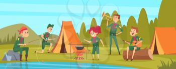 Outdoor scouts. Teacher studying little rangers survive in wild tree group of scouts in uniform sitting in camp events vector characters. Forest rest exploration, explorer sitting in camp illustration