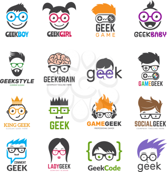Geek logotypes. Identity for smart kids computer programmers educational vector design. Illustration of geek programmer, learning icon