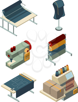 Textile isometric. Industrial sewing factory machinery production garments manufacturing vector collection. Equipment isometric for textile factory, set of machine illustration