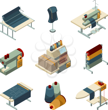 Sewing isometric. Garment embroidery production textile manufacturing vector pictures set. Illustration of equipment for tailoring and sewing, dressmaking machine