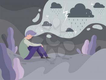 Depressed people. Loneliness alone in the city tired man rainy weather vector concept background. Illustration of man mental, tired and depression, stress frustrated