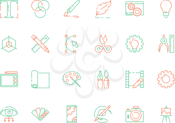 Design tools icon. Code web designs artist items internet programming poligrafia vector thin icons. Illustration of paintbrush drawing, tools digital pen and paint brush