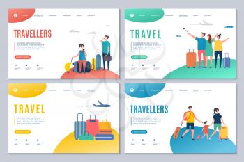 Travellers and travel landing page vector templates with adults and kids with suitcases. Illustration of traveller vacation, family in airport with baggage