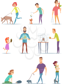 Animal owners. Happy domestic pets with young male and female holders animals cats dogs walking vector cartoons. Illustration of animal dog friend and happy owner with hedgehog and hamster