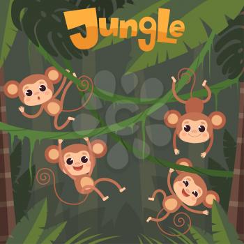 Monkey playing. Little wild animals sitting and eating banana on jungle tree vector chimpanzee cartoon background. Illustration of cartoon wildlife chimpanzee swinging and hanging