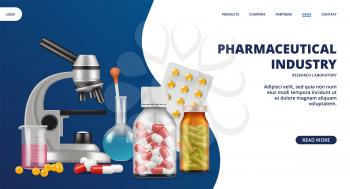 Pharmaceutical industry landing page. Medicine, research laboratory vector web banner. Realistic pills and lab equipment. Pharmaceutical research laboratory, pharmacy industry illustration