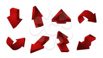 3D red arrows collection. Vector Up Down Recycling arrows isolated on white background. Illustration arrow down and up, symbol 3d for web recycle and pointer