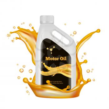Engine oil bottle. Vector gold oil splashes isolated on white background. Illustration of oil bottle for engine car, industry lubricant for motor