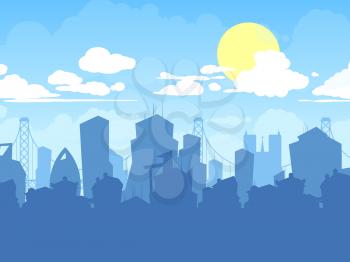 City landscape. Cloudy urban flat vector background with silhouettes of modern houses. Illustration skyline city silhouette, panorama skyscraper daylight
