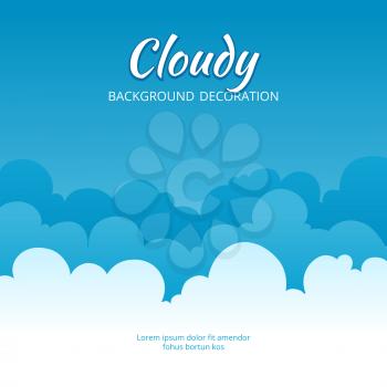 Cloudy flat. Template of fluffy clouds stylized blue sky vector banner with place for text. Illustration of clouds air banner, atmosphere cloudy