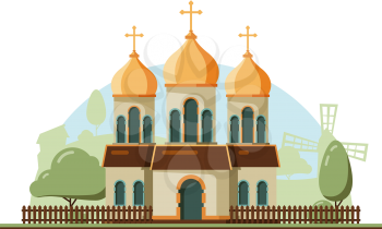 Religion building. Christian traditional church with bell vector flat architectural religion object. Illustration of building chapel, traditional catholic church