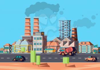 Industry city. Factory buildings in urban landscape flat vector facade of houses. Illustration of factory building, cityscape industrial production