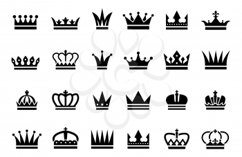 Black crown icons. Vector different crown silhouettes isolated on white background. Illustration silhouette crown and corona for prince or queen