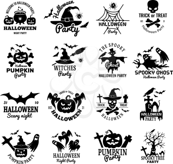 Halloween symbols. Scary logo collection horror badges pumpkin skull and bones ghost vector design template. Illustration halloween logo, witch and pumpkin black