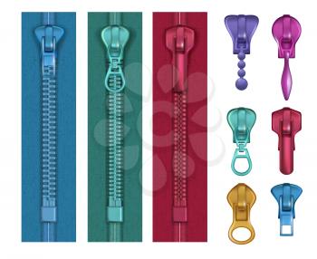 Colored zipper. Fashioned locks and buckles handback bungee puller vector realistic pictures. Illustration of lock zipper, fashion metal buckle