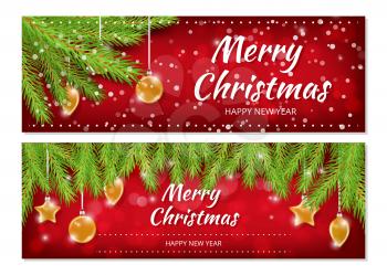 Christmas banners. X-mas New Year flyers template. Holiday vector background with realistic fir tree branches, snowfall, glass ball. Illustration christmas and new year holiday banner, winter event