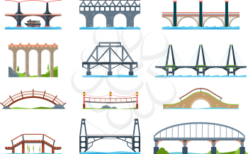 Bridges. Wooden iron aqueduc with column modern architectural objects vector bridge in flat style. Illustration architecture bridge, landmark structure building