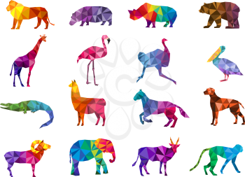 Low poly animals. Silhouettes from geometric triangular form colorful animals zoo origami vector pictures. Illustration monkey lion and bird, form polygonal
