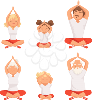 Yoga family. Parents and kids making exercises of yoga and meditation pose buddhism elderly male and female vector pictures. Family doing yoga, grandfather and grandmother meditate illlustration