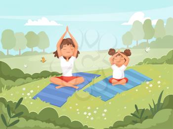 Family yoga. Mother and daughter making exercises outdoor in the park yoga fitness training skills vector cartoon background. Daughter with mother do yoga, sport and fitness