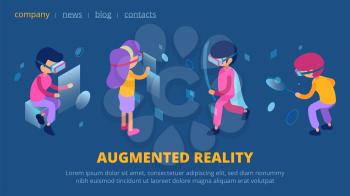 VR concept. Augmented reality technology web page. Isometric vector characters with VR glasses. Virtual cyberspace augmented, technology reality web isometric illustration